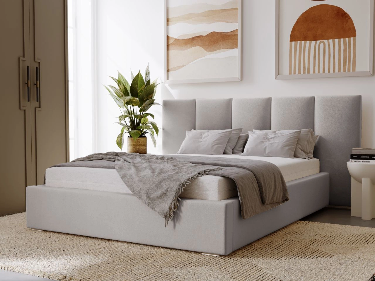 Łóżko tapicerowane z pojemnikiem i stelażem 160x200 cm Lizbona Jasnoszare