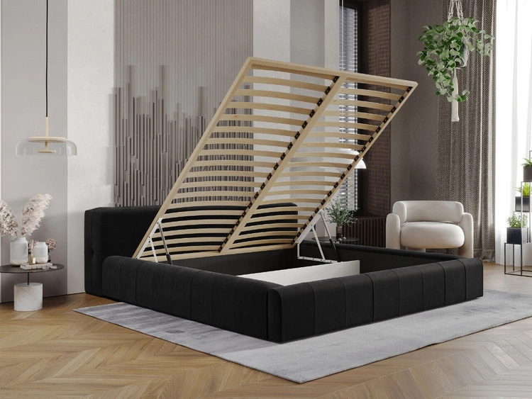 Łóżko tapicerowane z pojemnikiem i stelażem 160x200 Lipari Czarny