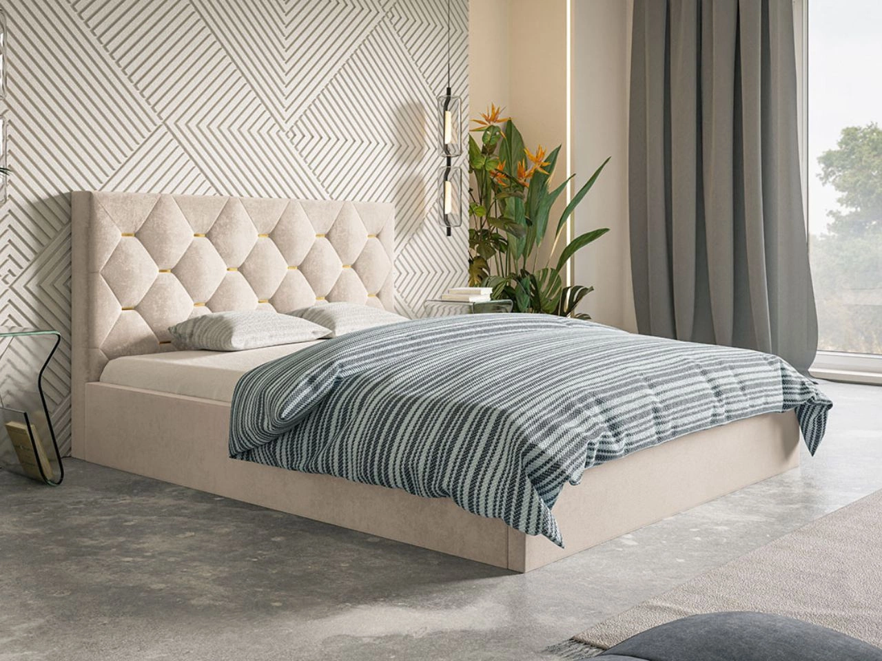 Łóżko tapicerowane z pojemnikiem i stelażem 160x200 Salento beżowe