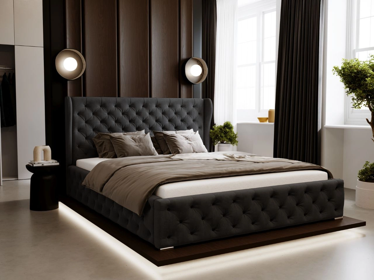 Łóżko tapicerowane z pojemnikiem na pościel i stelażem 160x200 Kingston Czarne