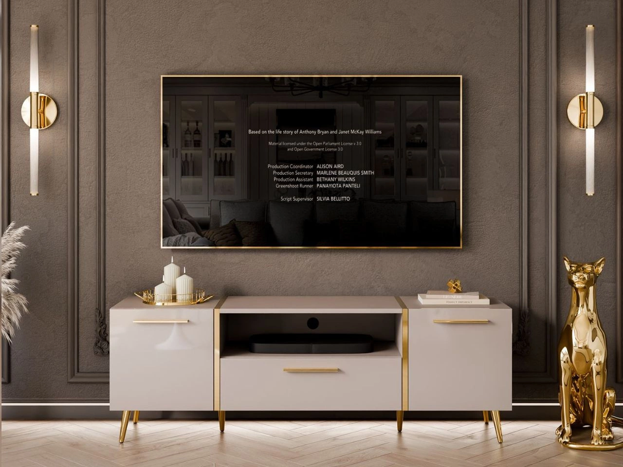 Szafka RTV w stylu glamour z szafkami i szufladą Lunelie kaszmir połysk