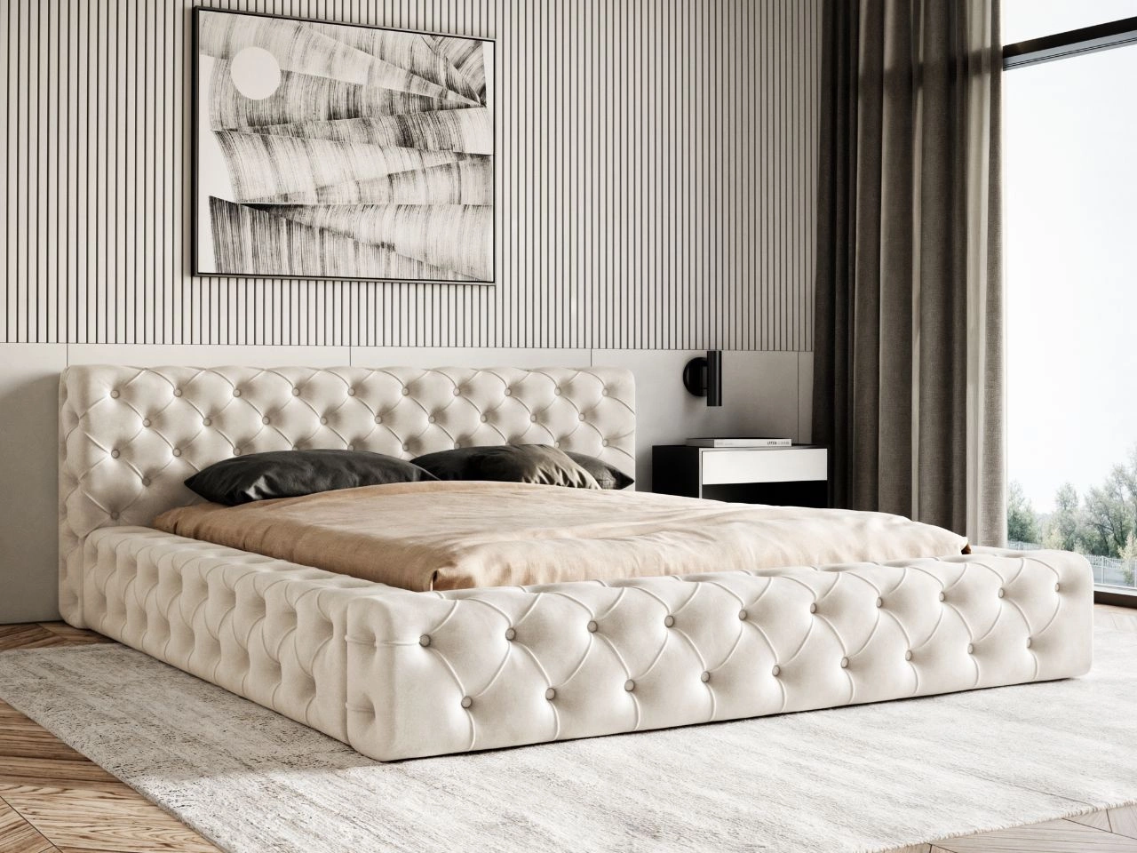 Łóżko tapicerowane z pojemnikiem i stelażem 120x200 cm Palini Beżowe
