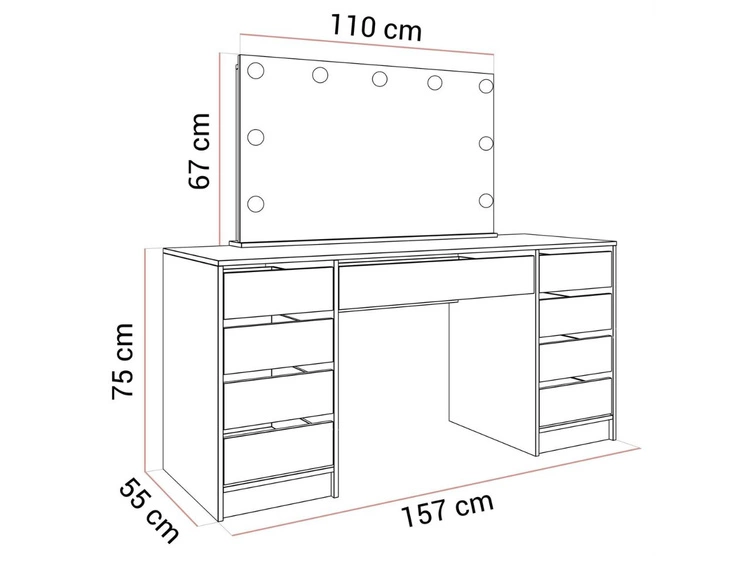 Toaletka szeroka z lustrem, szufladami i oświetleniem LED Melo Elite biały połysk