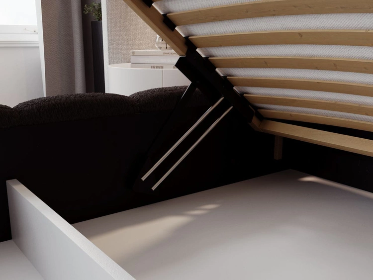 Łóżko tapicerowane z pojemnikiem na pościel i stelażem 160x200 Modo w tkaninie bouclé Czarne