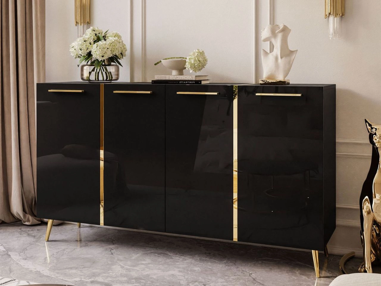Czterodrzwiowa komoda 158 cm w stylu glamour ze złotymi uchwytami i nogami Lunelie czarny połysk