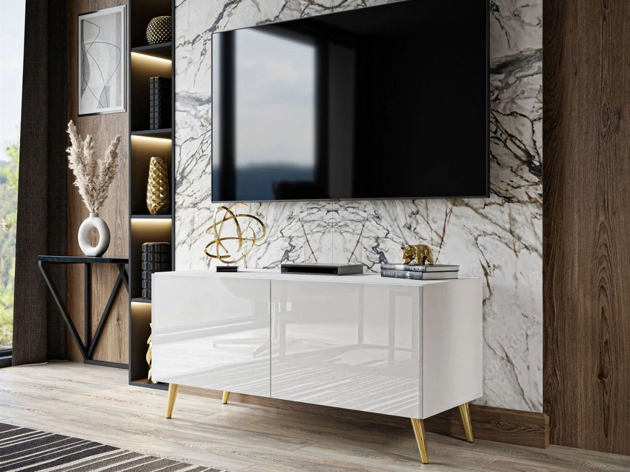 Szafka RTV pod telewizor z drzwiczkami na złotych nóżkach 100 cm Noaé Biały połysk