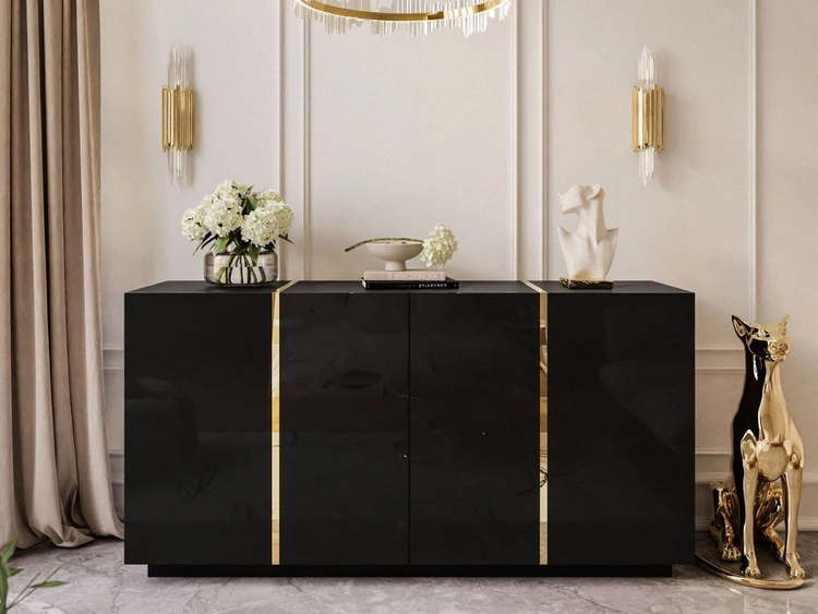 Czterodrzwiowa komoda 158 cm w stylu glamour Lunelie czarny połysk