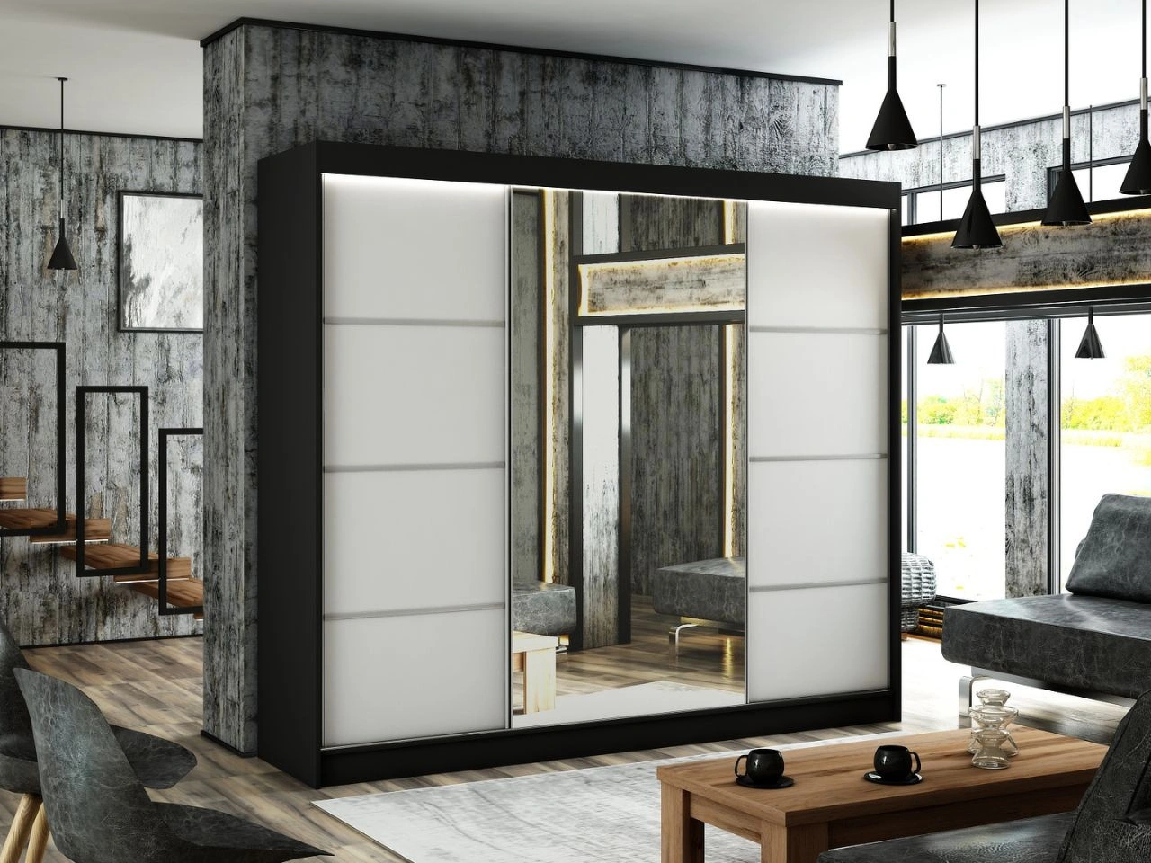 Szafa przesuwna z lustrem 250 cm z oświetleniem LED Portel Biała, Czarna