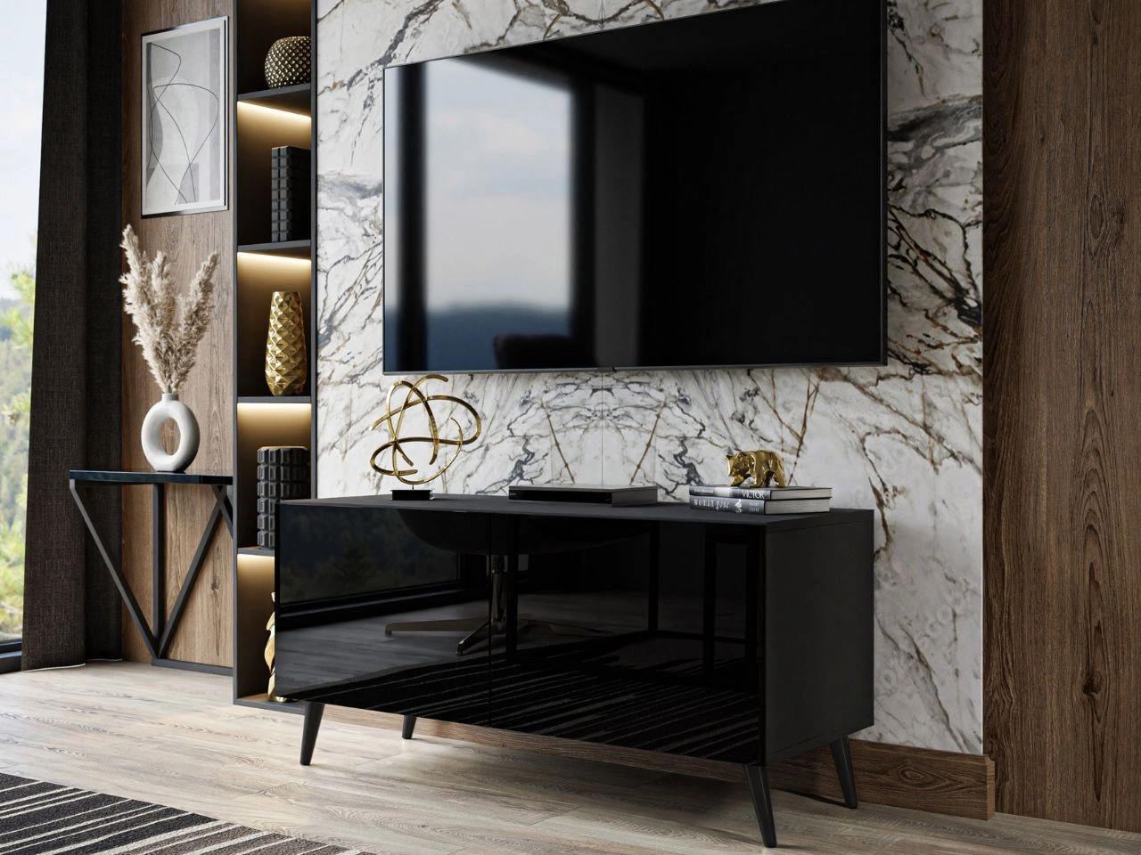 Szafka RTV pod telewizor z drzwiczkami na czarnych nóżkach 100 cm Noaé Czarny połysk