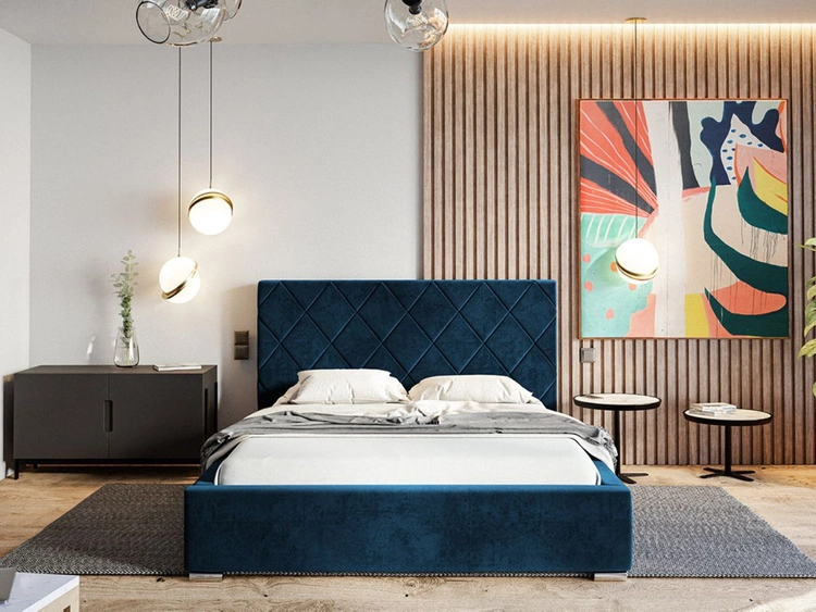 Łóżko tapicerowane z pojemnikiem i stelażem 140x200 Taranto Ciemnoniebieskie