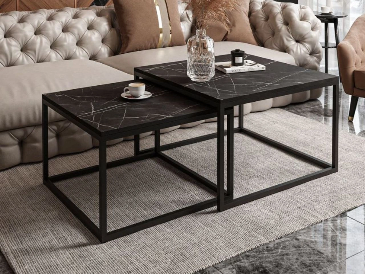 Stolik kawowy na czarnym metalowym stelażu Asumi Czarny 36x42