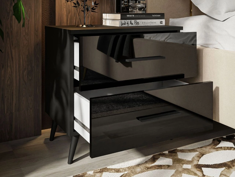 Stolik nocny z szufladami na czarnych nogach Nuveo Czarny połysk