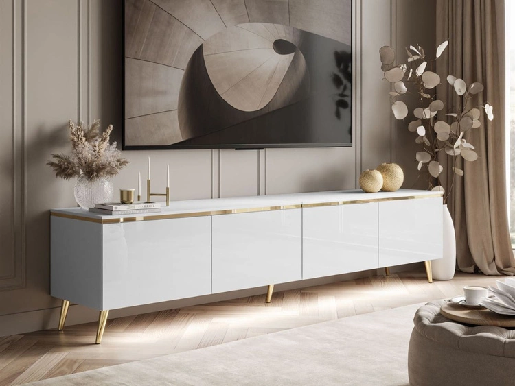 Szafka RTV czterodrzwiowa w stylu glamour z oświetleniem LED Celle biały połysk