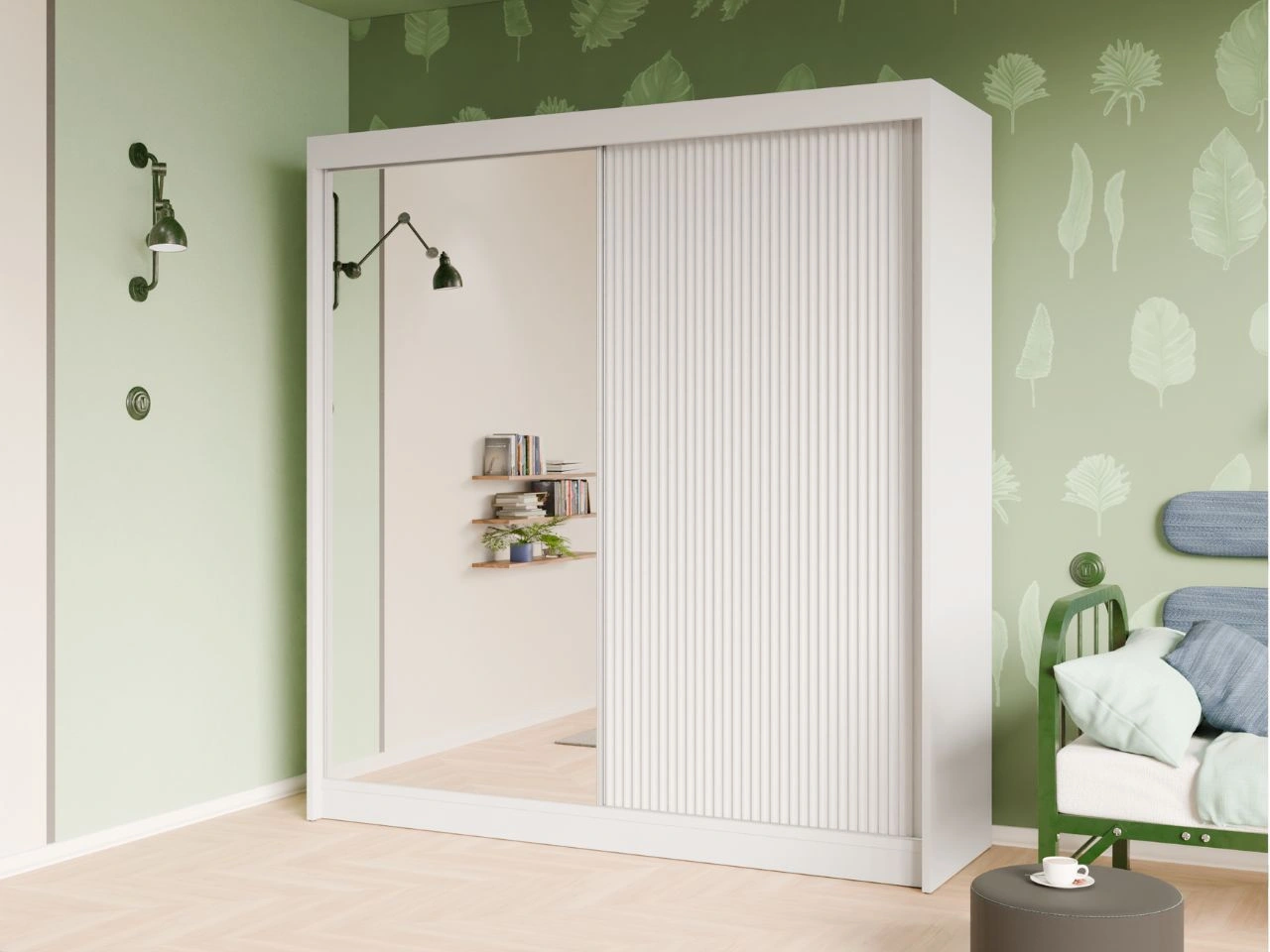 Szafa przesuwna z ryflowanym frontem i lustrem 200 cm Fano Biała