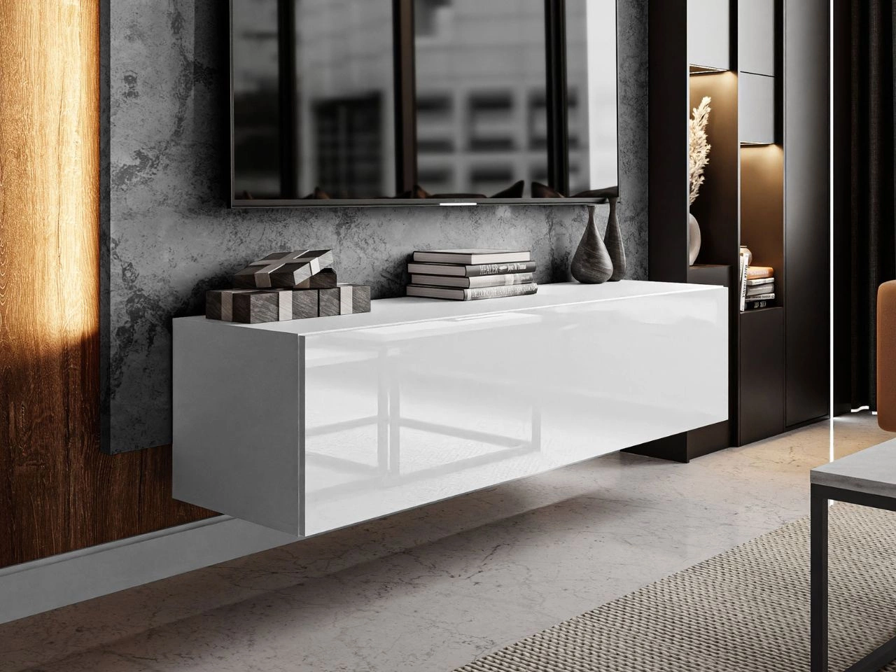 Wisząca szafka RTV pod telewizor z drzwiczkami 150 cm Nodoo Biały połysk