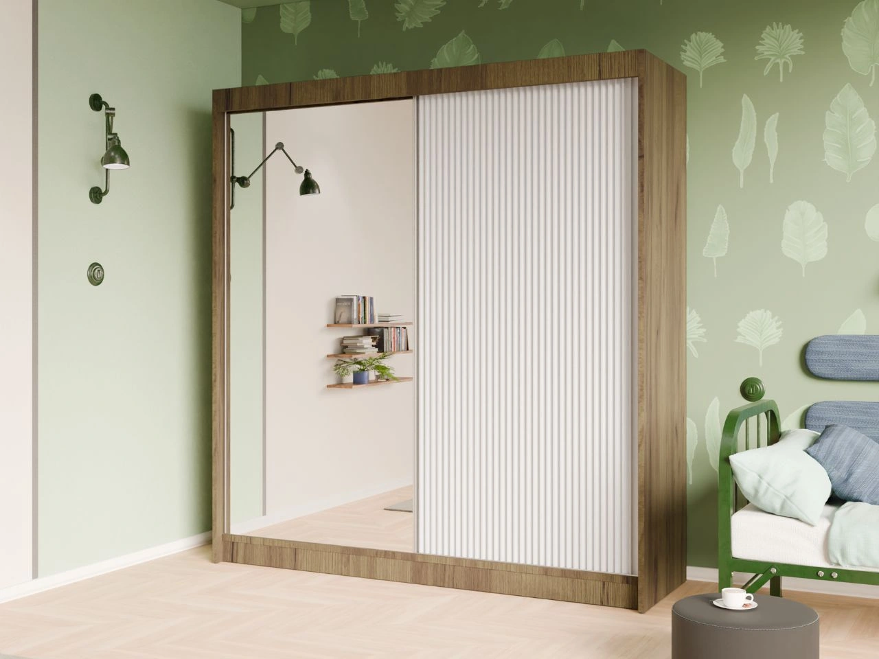 Szafa przesuwna z ryflowanym frontem i lustrem 200 cm Fano Dąb Craft Złoty, Biała