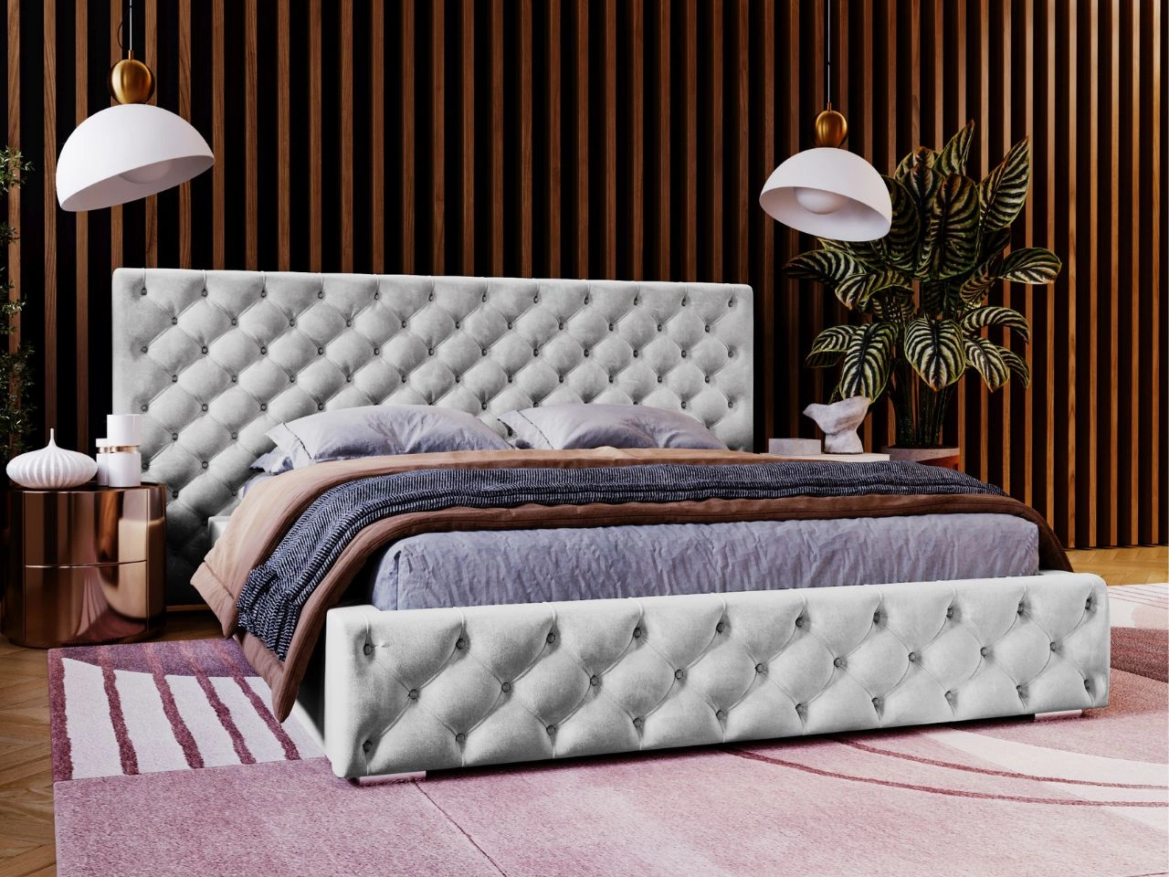 Łóżko tapicerowane z pojemnikiem i stelażem 160x200 cm Madera Jasnoszare