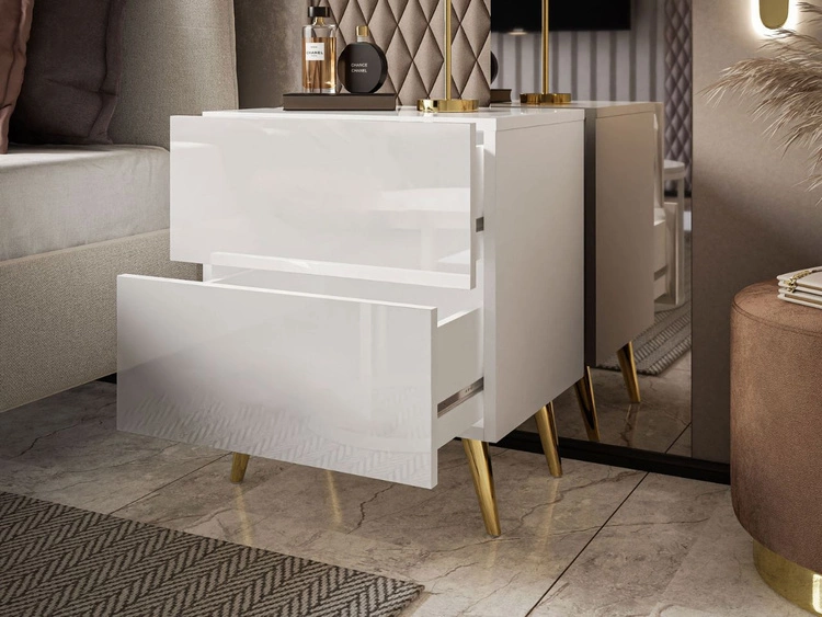 Stolik nocny z szufladami na złotych nogach Noaé Lux Biały połysk