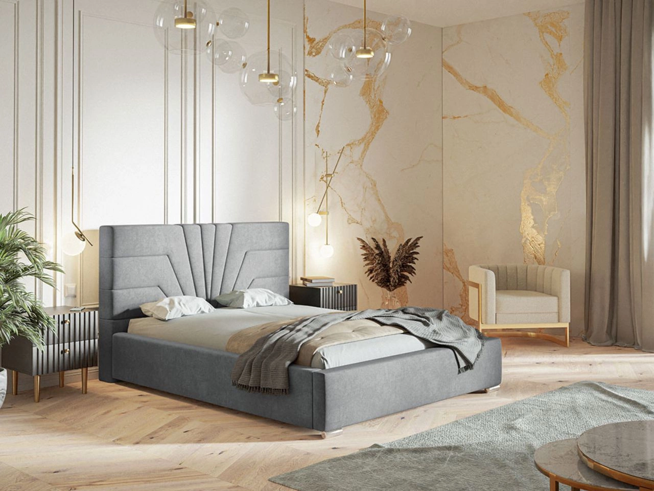 Łóżko tapicerowane z pojemnikiem i stelażem 180x200 Tesis Jasnoszare