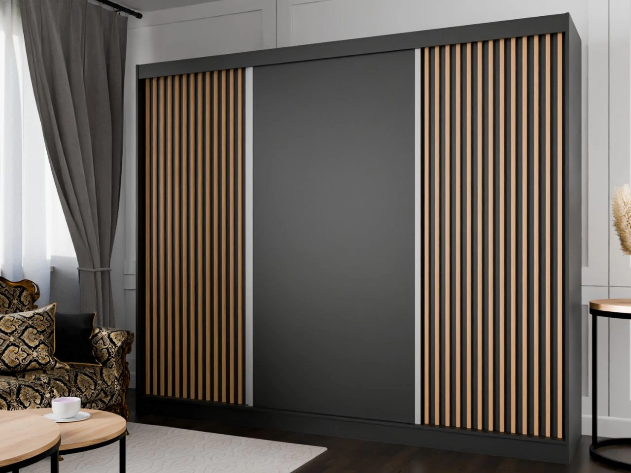Szafa przesuwna z lamelami 250 cm Loreto Czarna