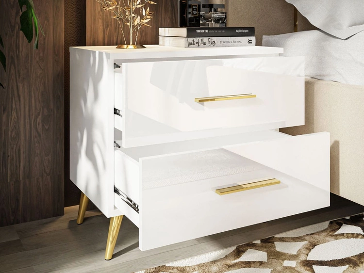 Stolik nocny z szufladami na złotych nogach Nuveo Biały połysk