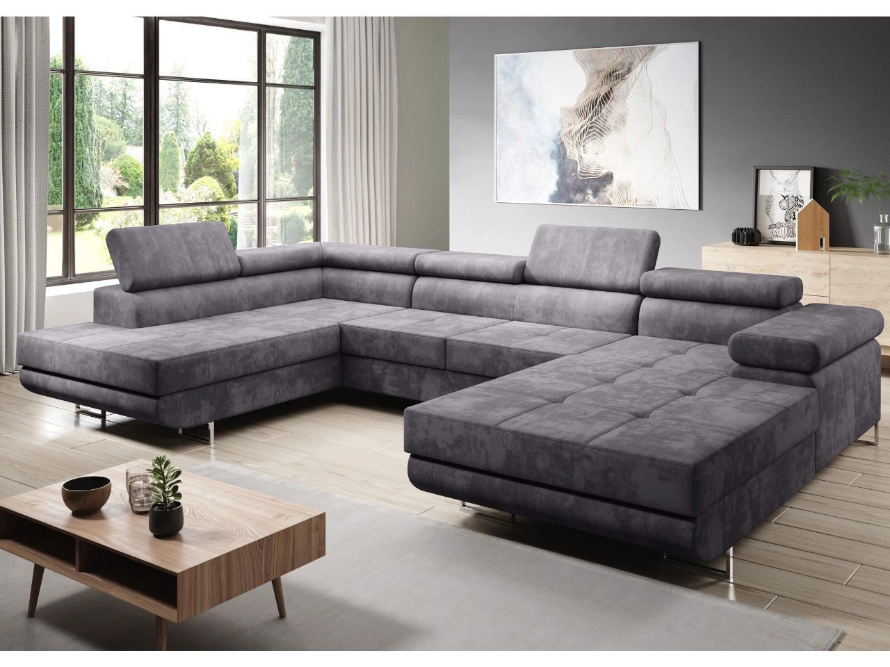 Narożnik U lewy z funkcją spania i pojemnikiem Solam U Szary