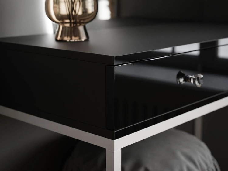 Toaletka kosmetyczna lewostronna z szufladami i oświetleniem LED na białych nogach Clarette Czarny połysk
