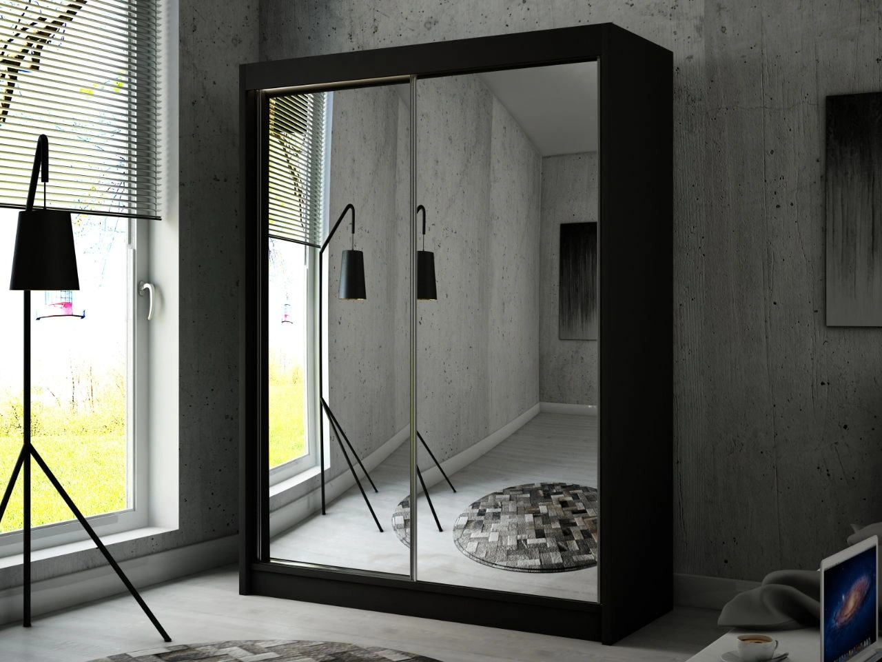Szafa przesuwna 150 cm z lustrem i oświetleniem LED Luzio Czarna