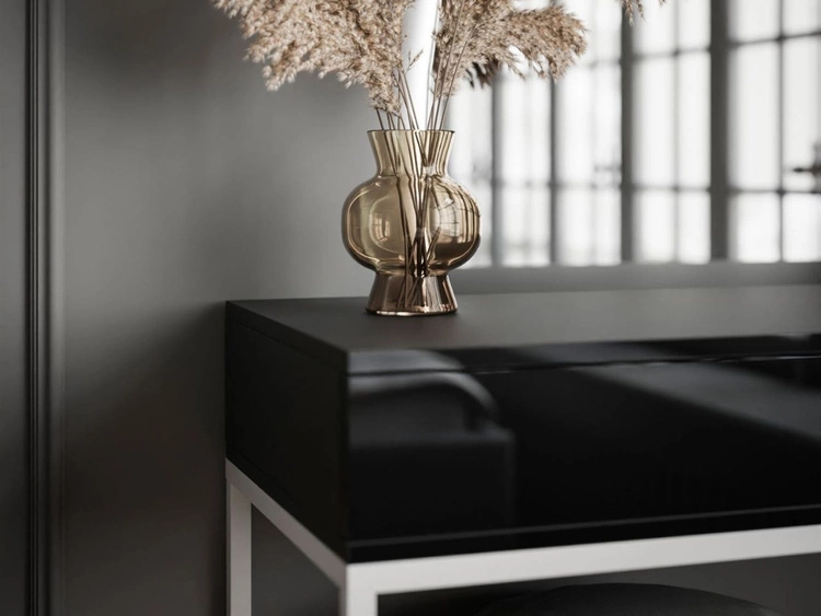 Toaletka kosmetyczna lewostronna z szufladami i oświetleniem LED na białych nogach Clarette Czarny połysk