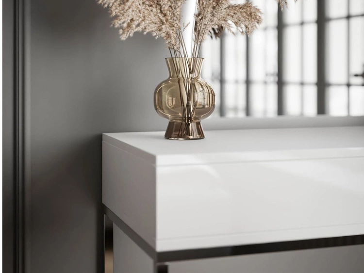 Toaletka kosmetyczna lewostronna z szufladami i oświetleniem LED na srebrnych nogach Clarette Biały połysk