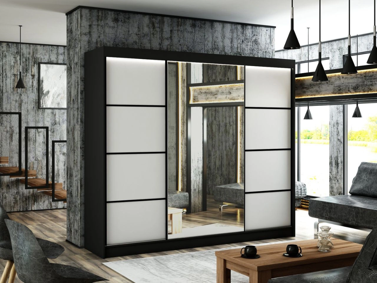 Szafa przesuwna z lustrem 250 cm z oświetleniem LED Portel Biała, Czarna