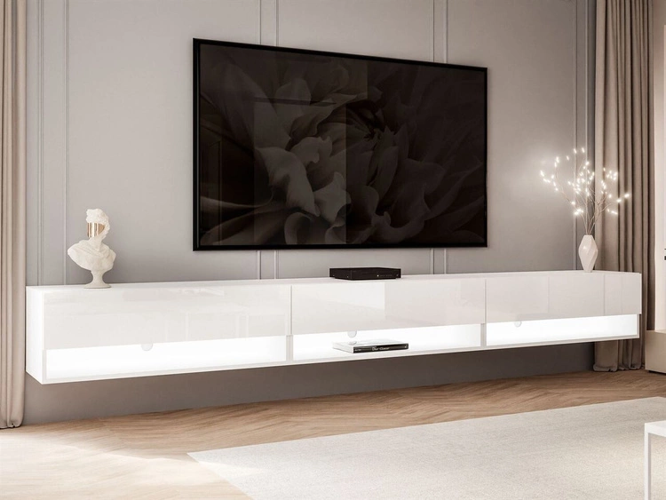 Szafka RTV wisząca 270 cm do salonu z oświetleniem LED Aurelie Biały połysk