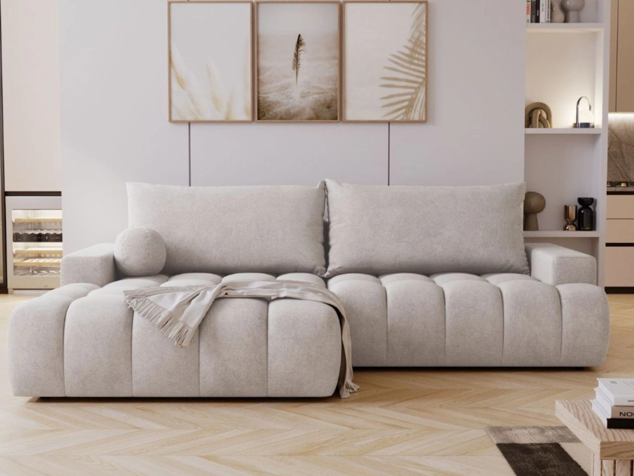 Narożnik L z funkcją spania i pojemnikiem Havi Lewy Jasnoszary