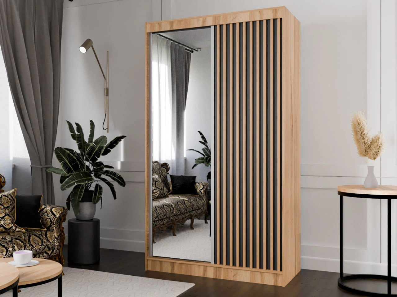 Szafa przesuwna z lustrem i lamelami 120 cm Loreto Dąb Craft Złoty, Czarna