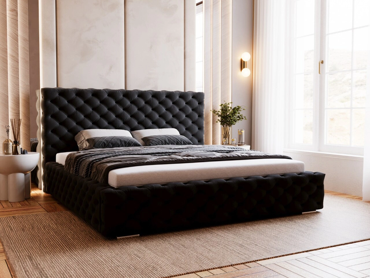 Łóżko tapicerowane z pojemnikiem i stelażem 160x200 Astra Czarny