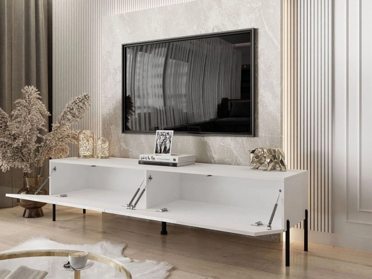 Szafka RTV pod telewizor z drzwiczkami na czarnych nóżkach 175 cm z oświetleniem LED Sorelle Biały połysk