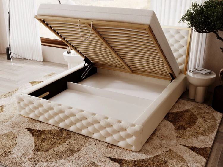 Łóżko tapicerowane z pojemnikiem i stelażem 200x200 Wave Beżowy