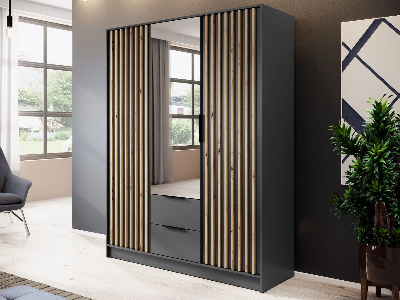 Szafa trzydrzwiowa z drzwiami uchylnymi 155 cm Macron Grafitowa z lustrem i lamelami