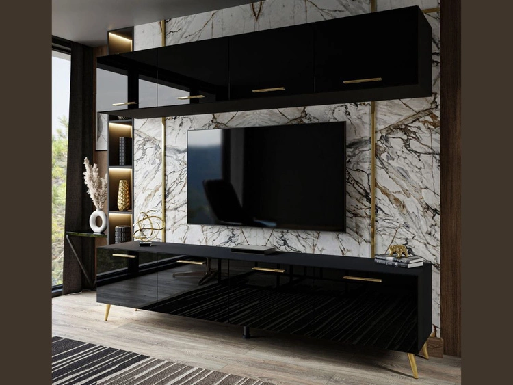 Meblościanka do salonu z oświetleniem LED na złotych nogach Noaé Czarny połysk 