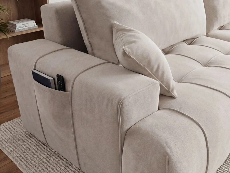 Narożnik L z funkcją spania i pojemnikiem Tulio prawy beżowy