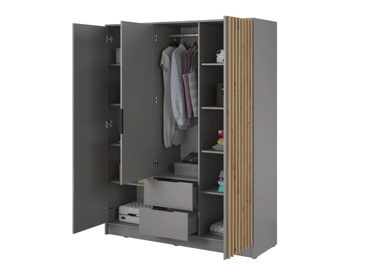 Szafa trzydrzwiowa z drzwiami uchylnymi 155 cm Macron Szara z lamelami