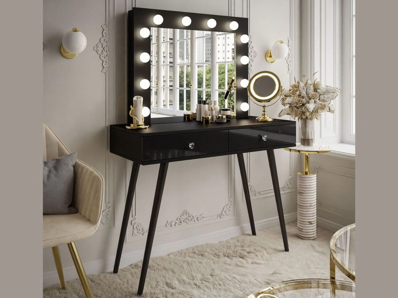 Toaletka glamour z szufladami, kryształowymi uchwytami i oświetleniem LED Olivine czarny połysk