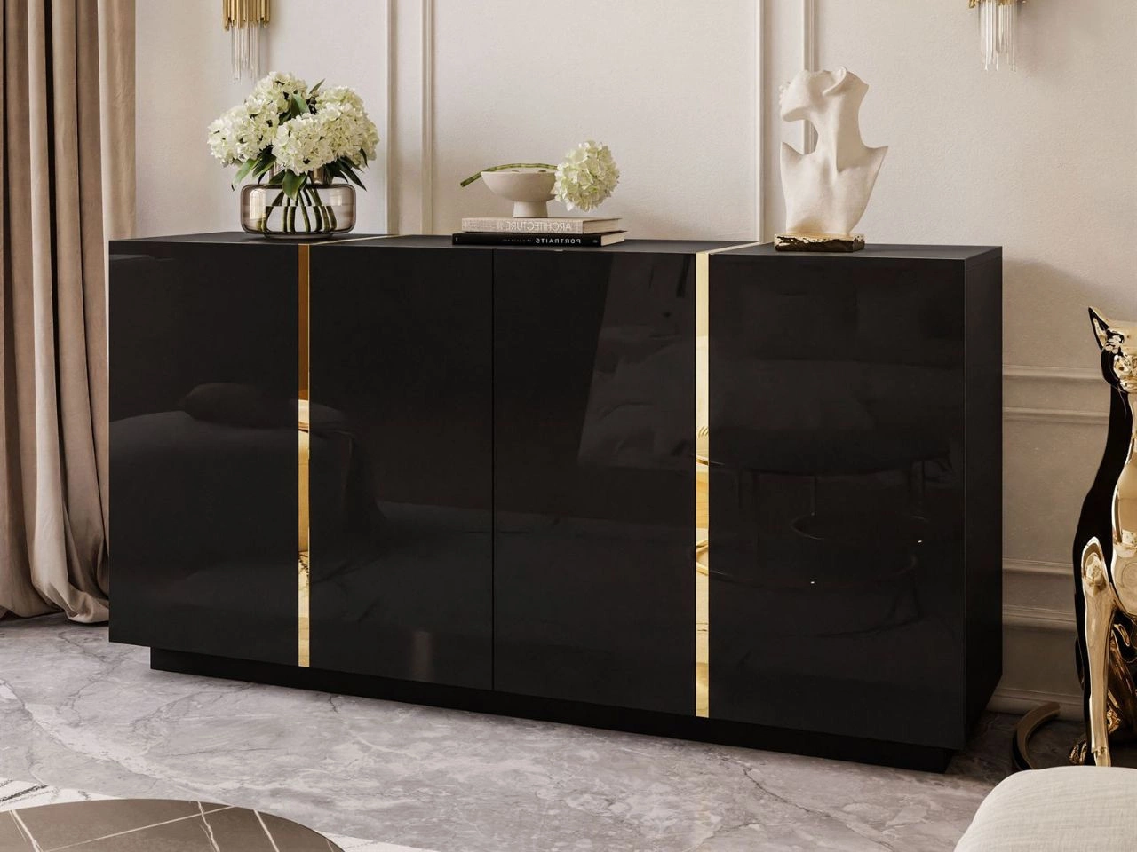 Czterodrzwiowa komoda 158 cm w stylu glamour Lunelie czarny połysk