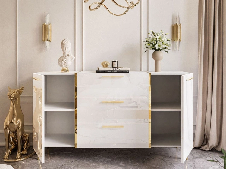 Zestaw mebli do salonu na złotych metalowych nóżkach i ze złotymi uchwytami Lunelie Biały połysk
