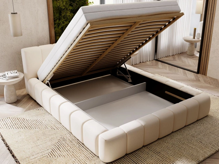 Łóżko tapicerowane z pojemnikiem i stelażem 180x200 Split Kremowy