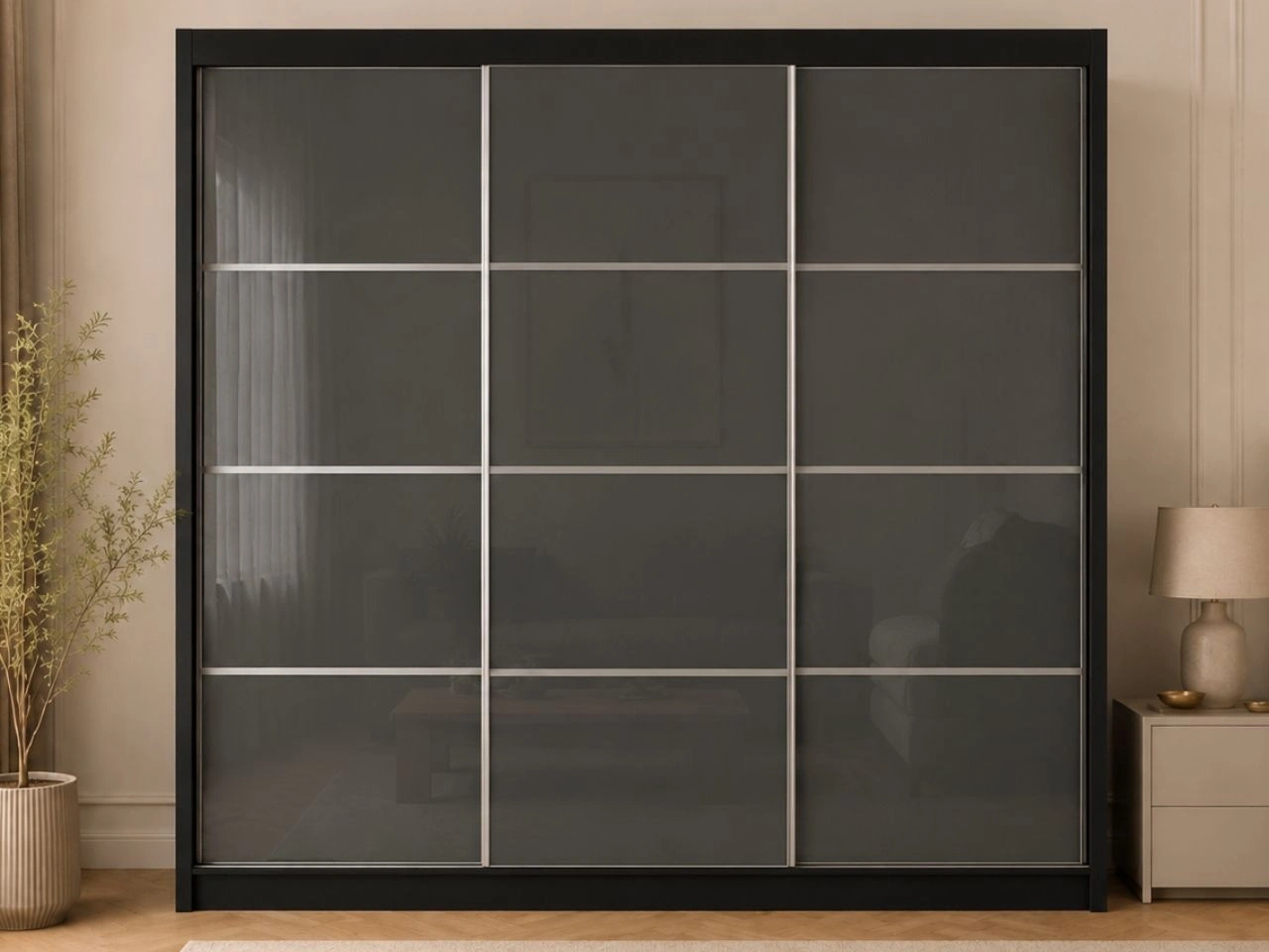 Szafa przesuwna ze szprosami 250 cm z oświetleniem LED Ponti Czarna, Szara