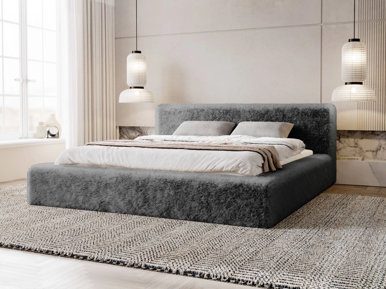 Łóżko tapicerowane z pojemnikiem i stelażem 140x200 cm Enjoy Szare