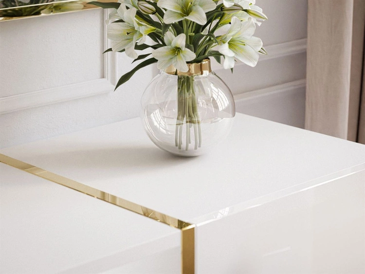 Zestaw mebli do salonu na złotych metalowych nóżkach w stylu glamour Lunelie Biały połysk