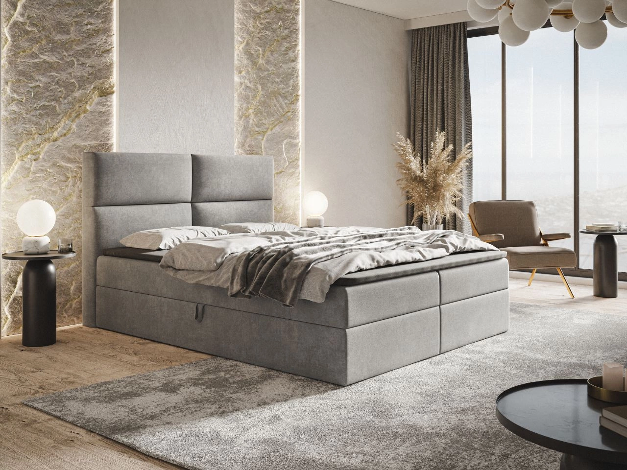 Łóżko kontynentalne z pojemnikiem na pościel 180x200 Hera Szare