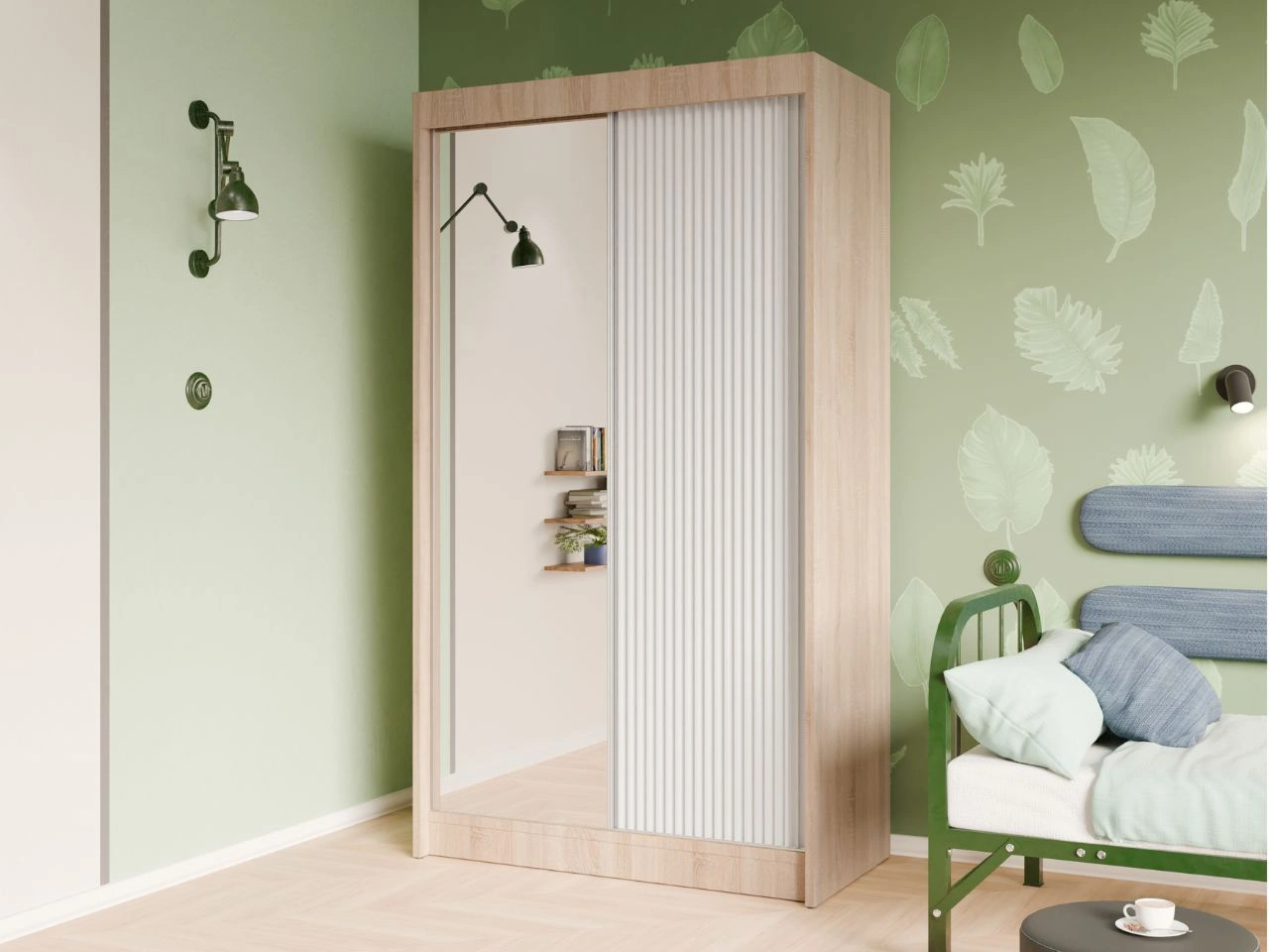 Szafa przesuwna z ryflowanym frontem i lustrem 120 cm Fano Dąb Sonoma, Biała